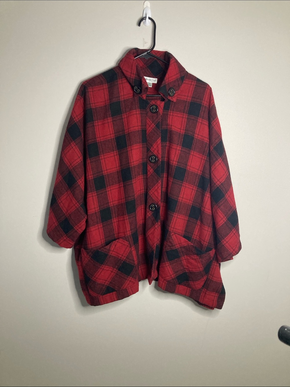 Coldwater Creek Red Black Plaid Pea Coat Boxy Wool Blend Large Buttons